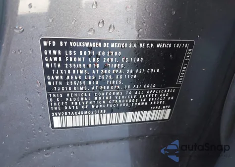 2019 Volkswagen Tiguan 2.0T Se/2.0T Sel/2.0T Sel R-Line/2.0T Sel R-Line Black z USA, uszkodzony, nr VIN 3VV2B7AX4KM023189